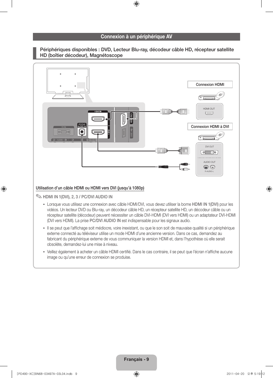 Connexion à un périphérique av | Samsung PS51D490A1W User Manual | Page 27 / 74