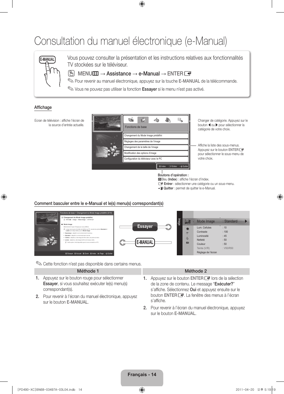 Consultation du manuel électronique (e-manual), Menu m → assistance → e-manual → enter e, Français - 14 | Essayer, E-manual | Samsung PS51D490A1W User Manual | Page 32 / 74