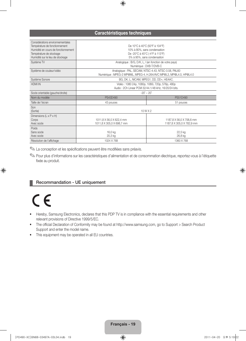 Caractéristiques techniques | Samsung PS51D490A1W User Manual | Page 37 / 74