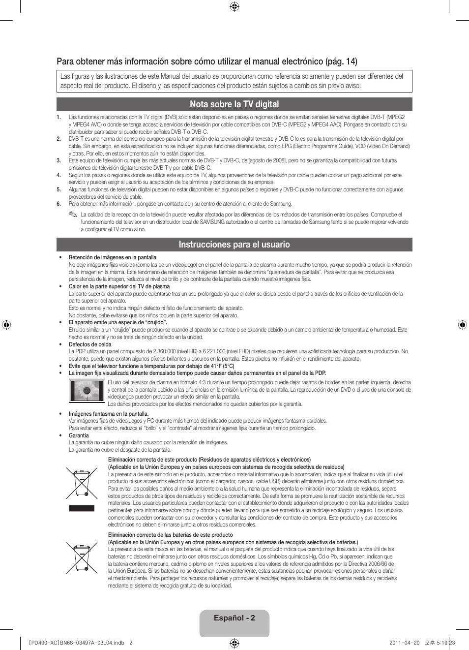 Nota sobre la tv digital, Instrucciones para el usuario | Samsung PS51D490A1W User Manual | Page 38 / 74