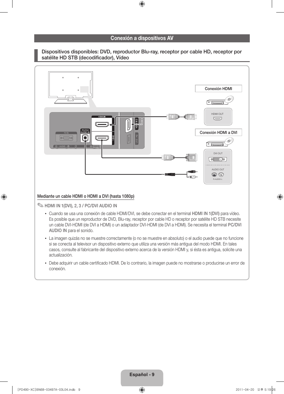 Conexión a dispositivos av | Samsung PS51D490A1W User Manual | Page 45 / 74