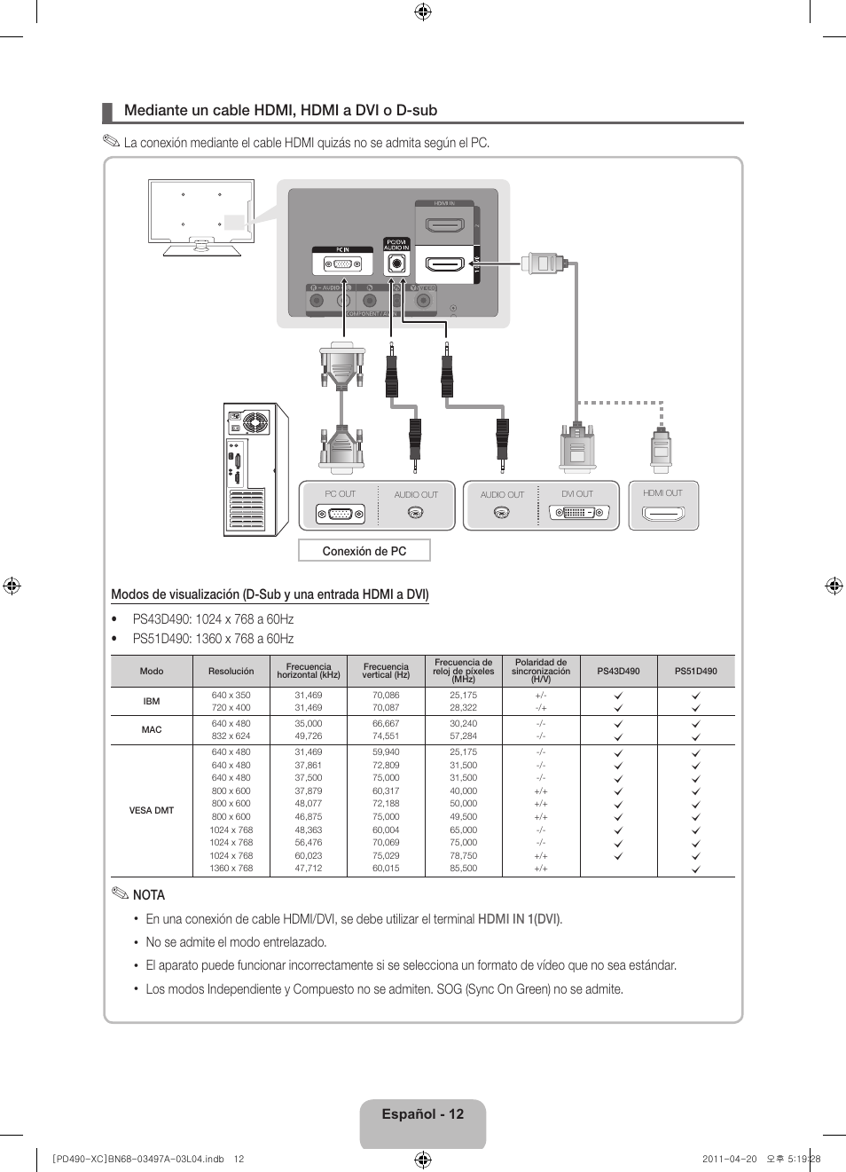 Mediante un cable hdmi, hdmi a dvi o d-sub | Samsung PS51D490A1W User Manual | Page 48 / 74