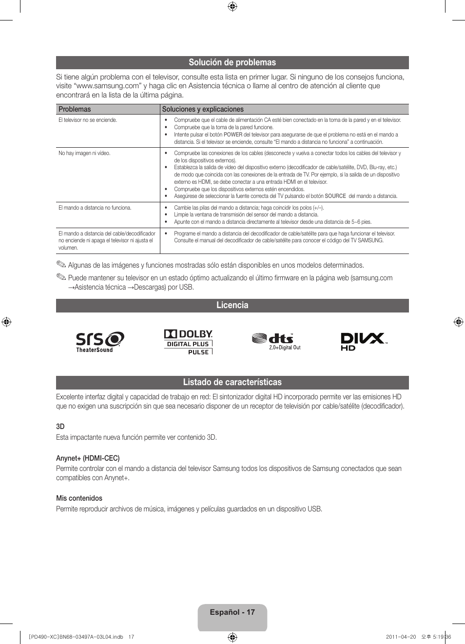 Solución de problemas, Licencia listado de características | Samsung PS51D490A1W User Manual | Page 53 / 74