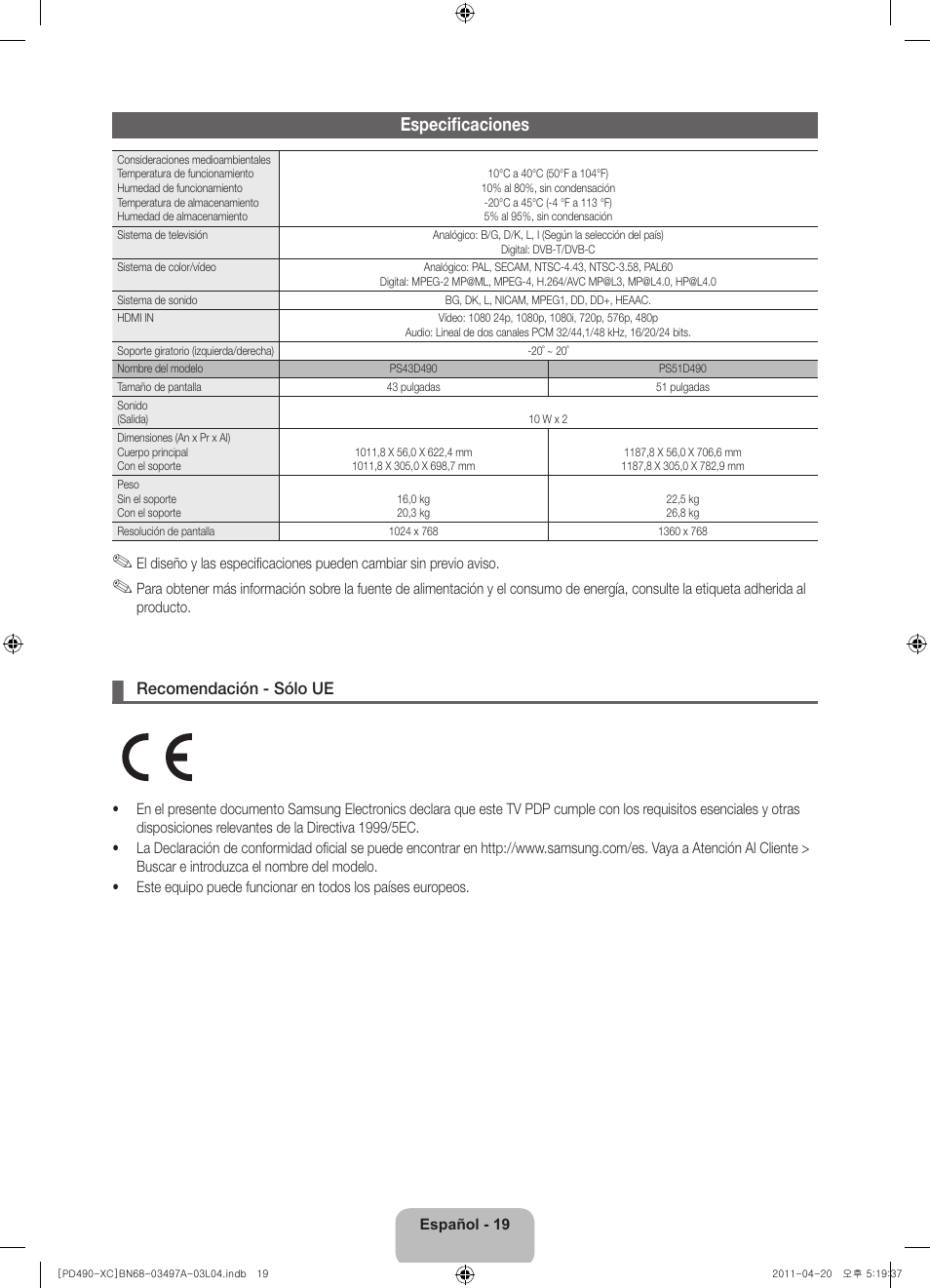 Especificaciones | Samsung PS51D490A1W User Manual | Page 55 / 74