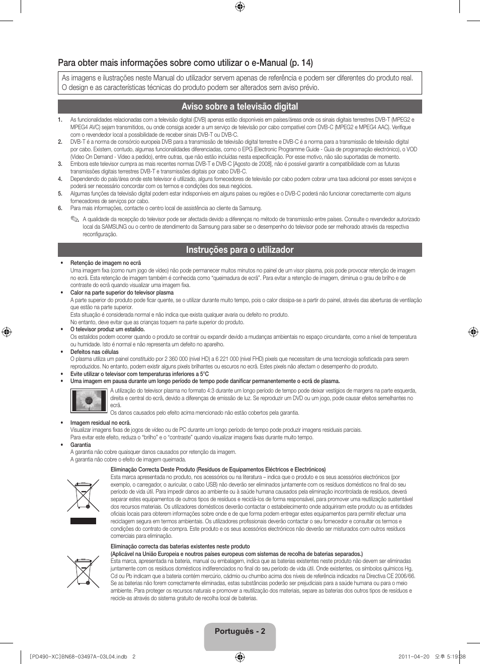 Aviso sobre a televisão digital, Instruções para o utilizador | Samsung PS51D490A1W User Manual | Page 56 / 74