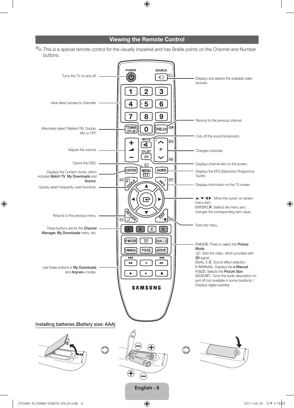 Viewing the remote control | Samsung PS51D490A1W User Manual | Page 6 / 74