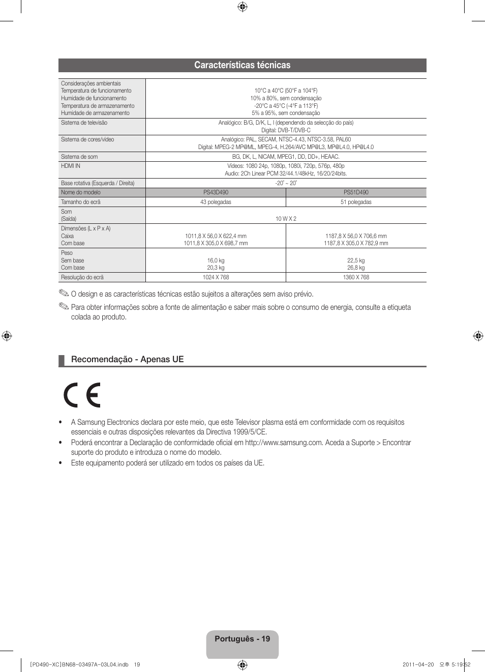 Características técnicas | Samsung PS51D490A1W User Manual | Page 73 / 74