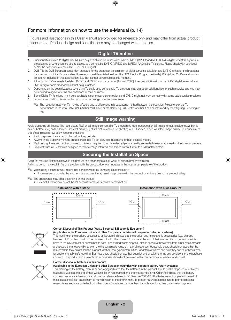 Digital tv notice, Still image warning, Securing the installation space | Samsung UE37D6000TW User Manual | Page 2 / 86