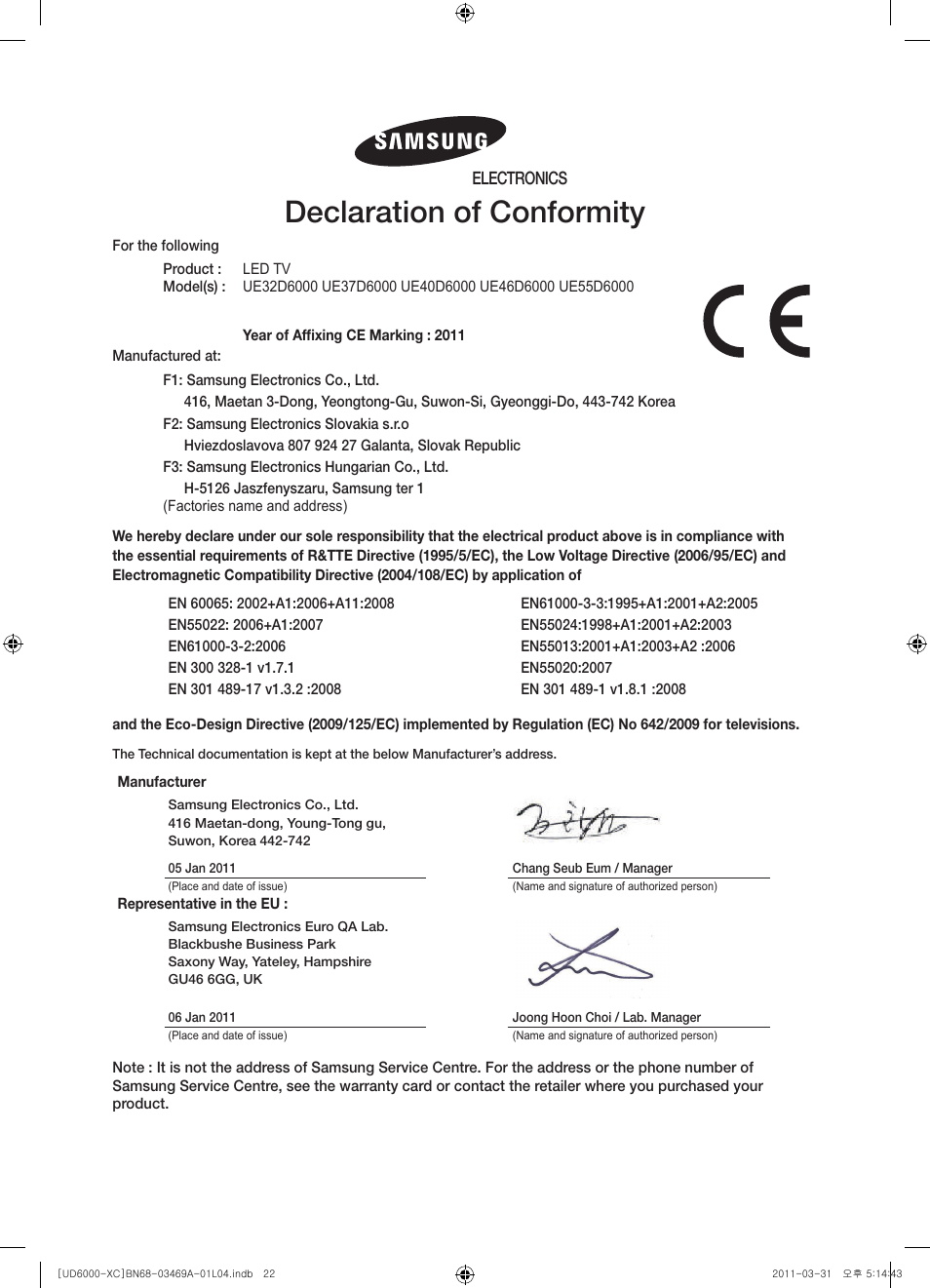 Declaration of conformity, Electronics | Samsung UE37D6000TW User Manual | Page 22 / 86