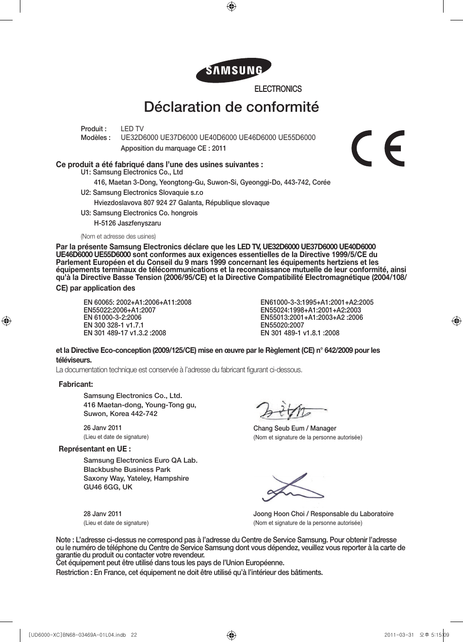 Déclaration de conformité | Samsung UE37D6000TW User Manual | Page 44 / 86