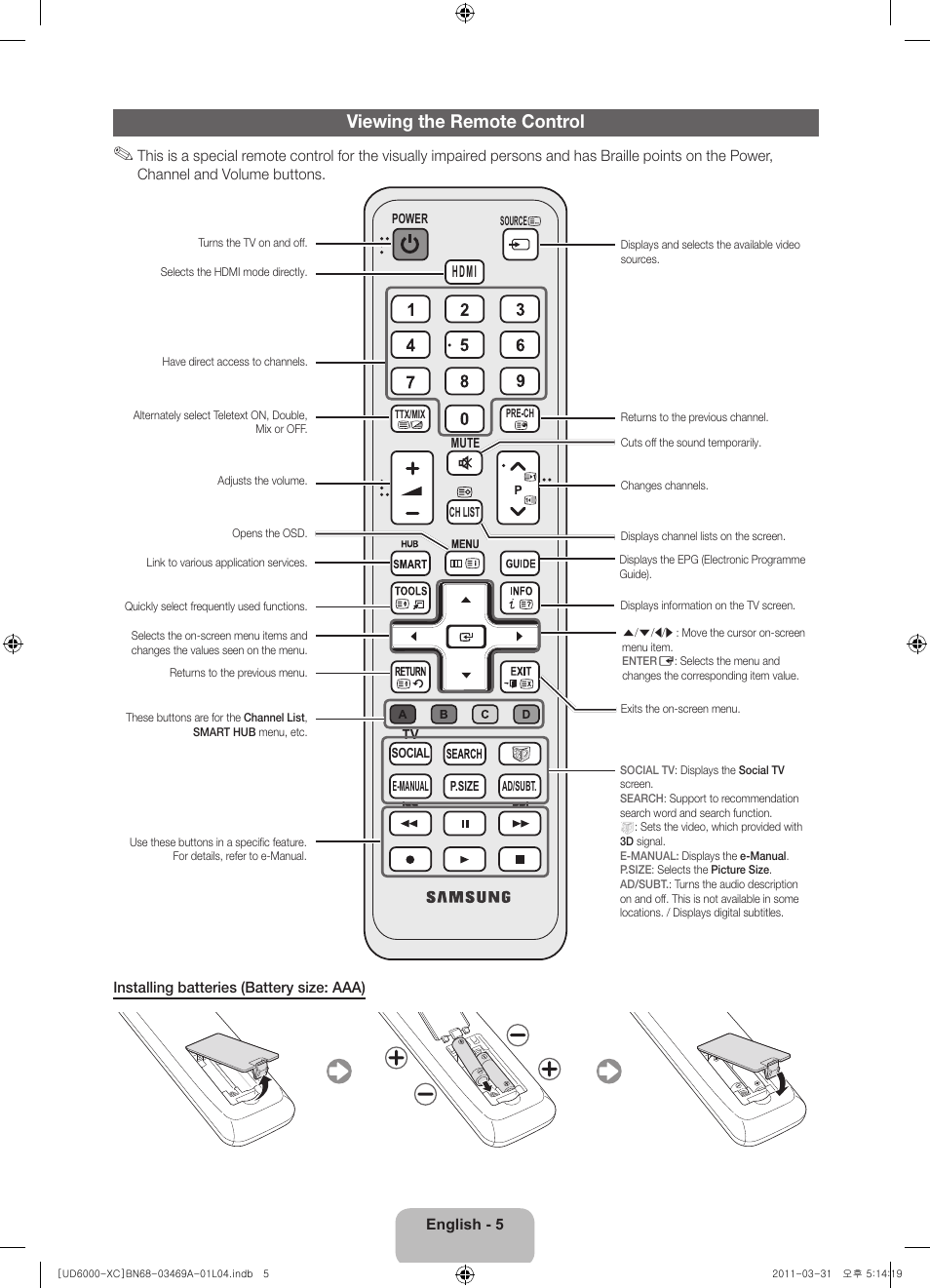 Viewing the remote control | Samsung UE37D6000TW User Manual | Page 5 / 86