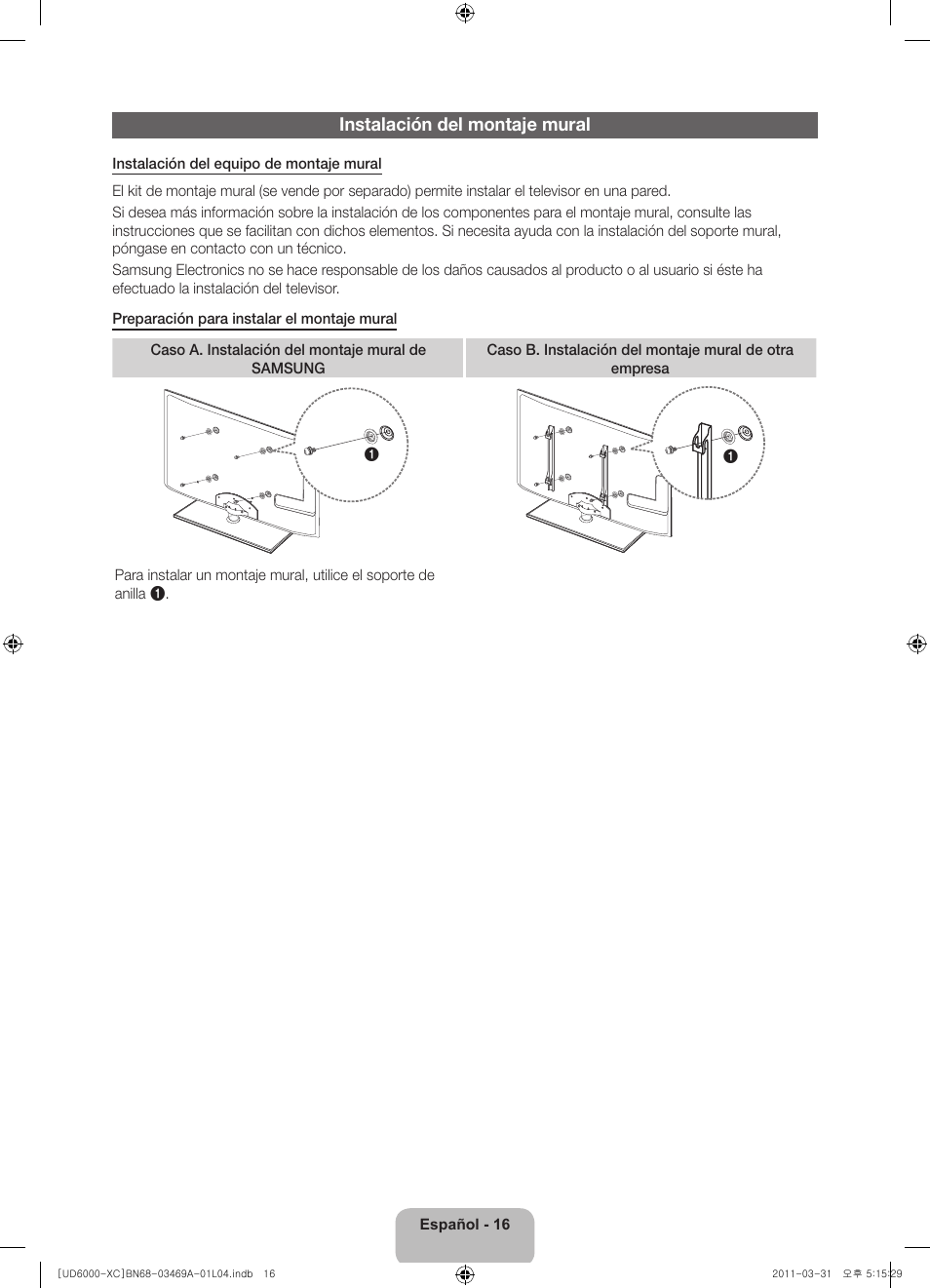 Instalación del montaje mural | Samsung UE37D6000TW User Manual | Page 60 / 86