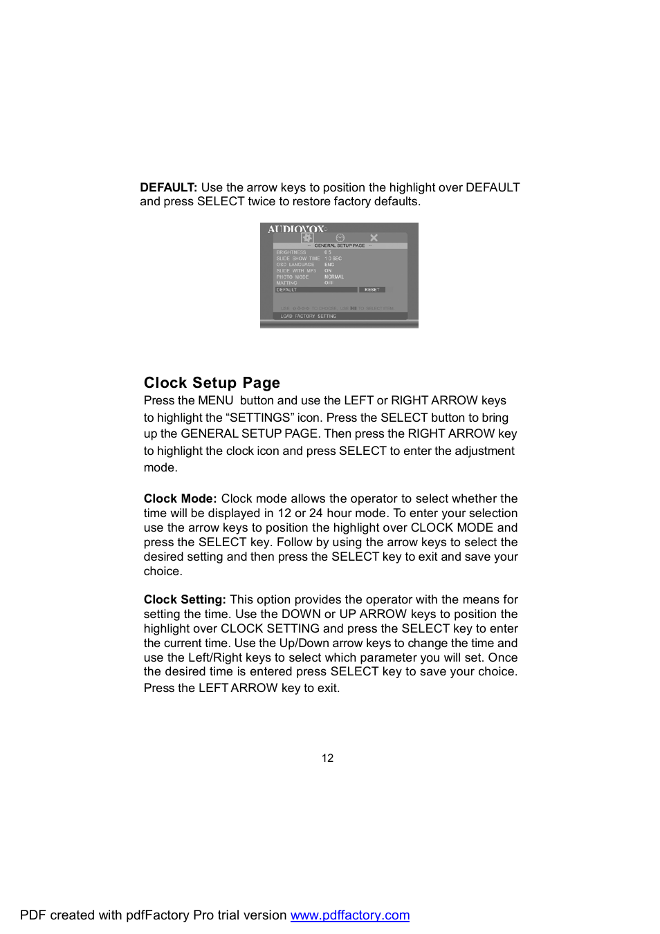 Clock setup page | Audiovox DPF702 User Manual | Page 12 / 20