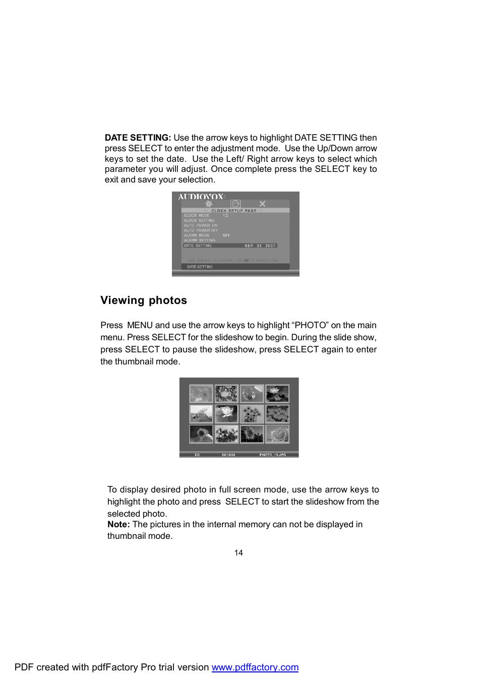 Viewing photos | Audiovox DPF702 User Manual | Page 14 / 20