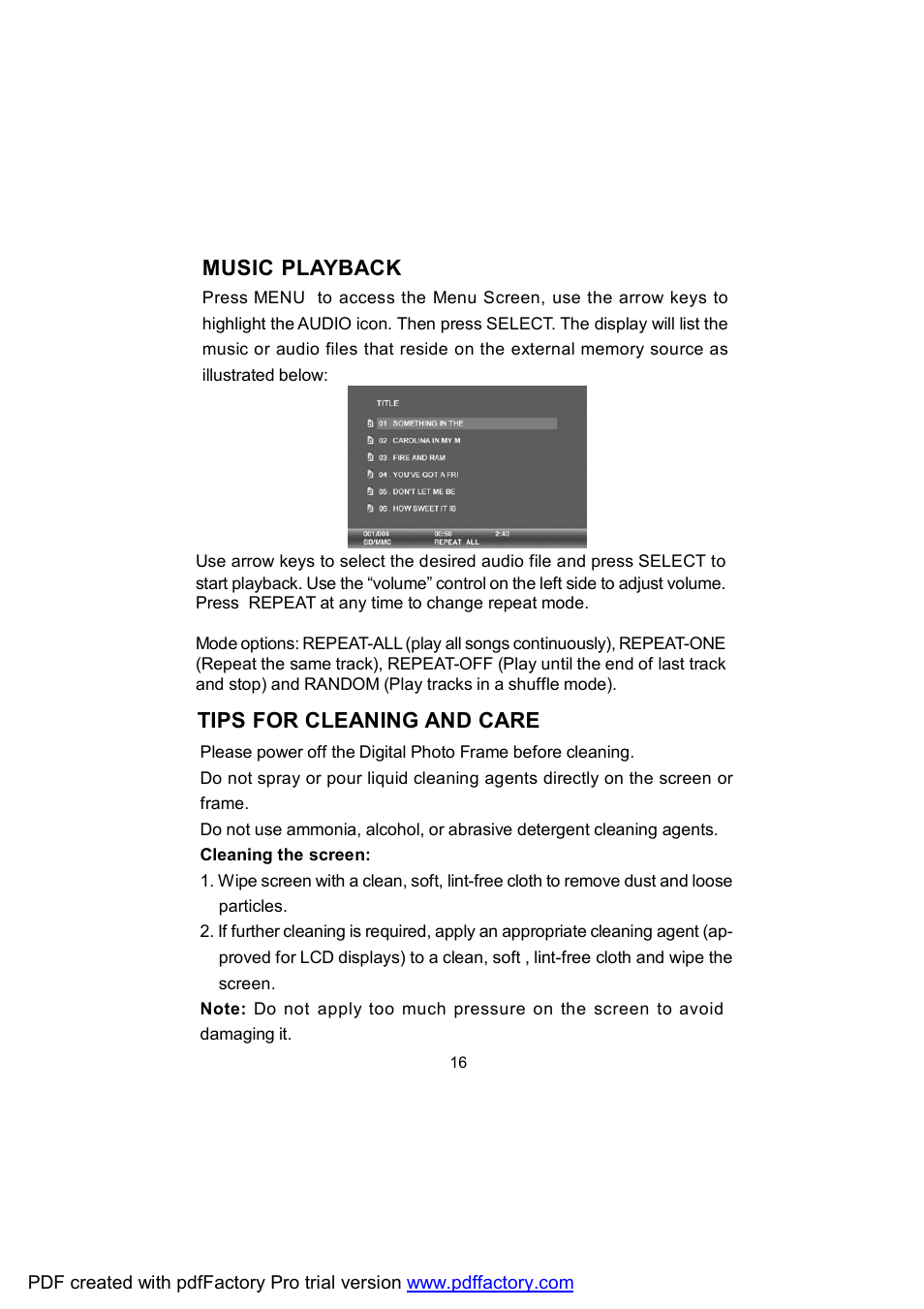 Music playback, Tips for cleaning and care | Audiovox DPF702 User Manual | Page 16 / 20