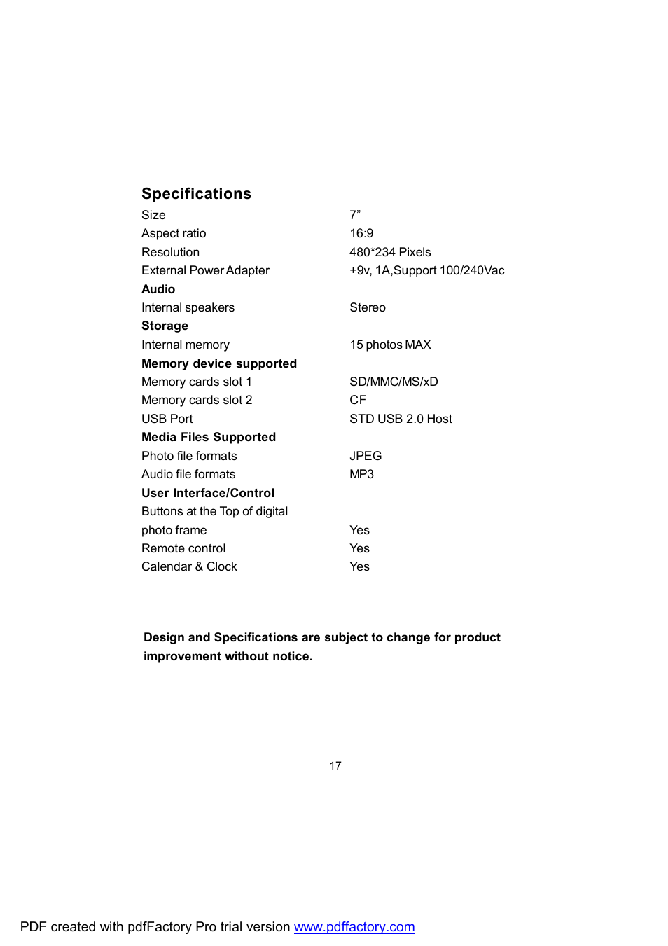 Specifications | Audiovox DPF702 User Manual | Page 17 / 20