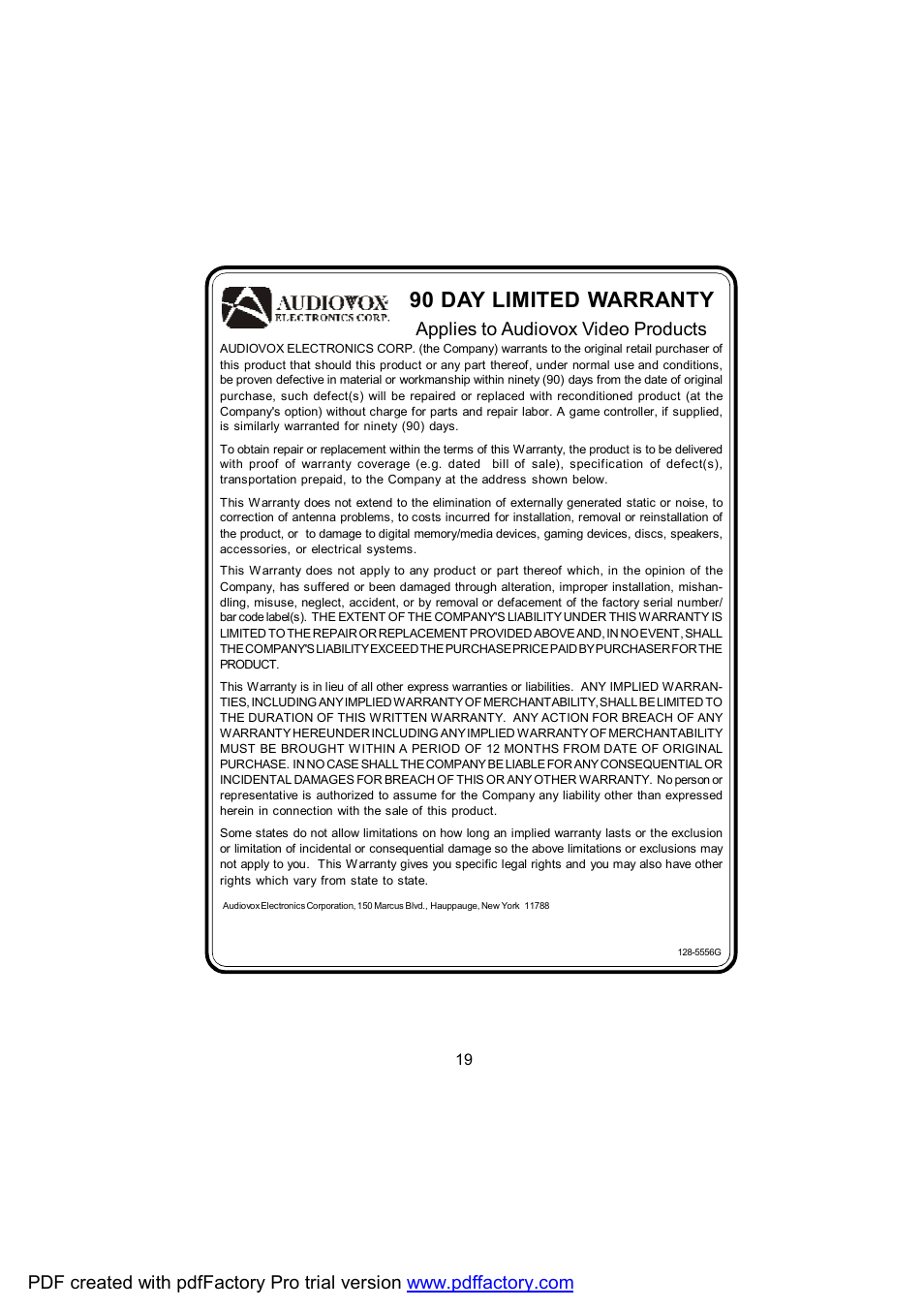 90 day limited warranty, Applies to audiovox video products | Audiovox DPF702 User Manual | Page 19 / 20