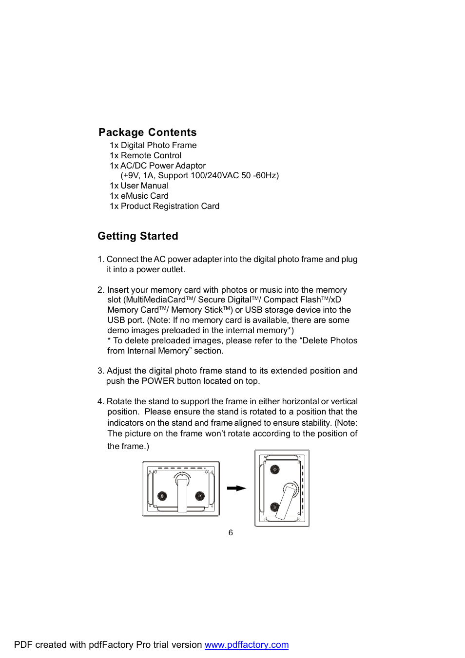 Package contents, Getting started | Audiovox DPF702 User Manual | Page 6 / 20