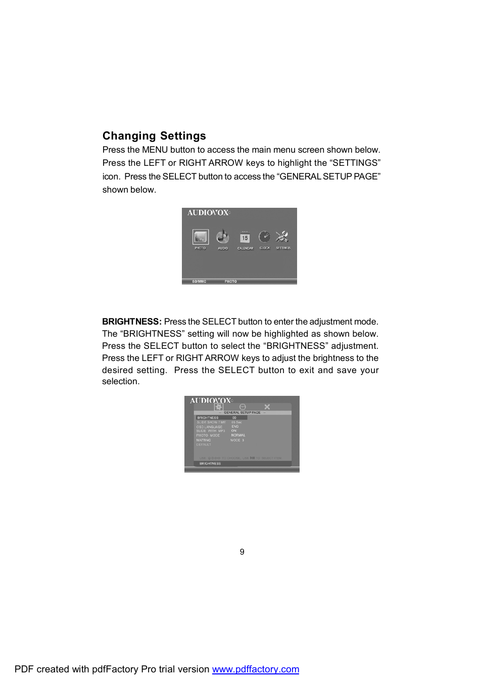 Changing settings | Audiovox DPF702 User Manual | Page 9 / 20