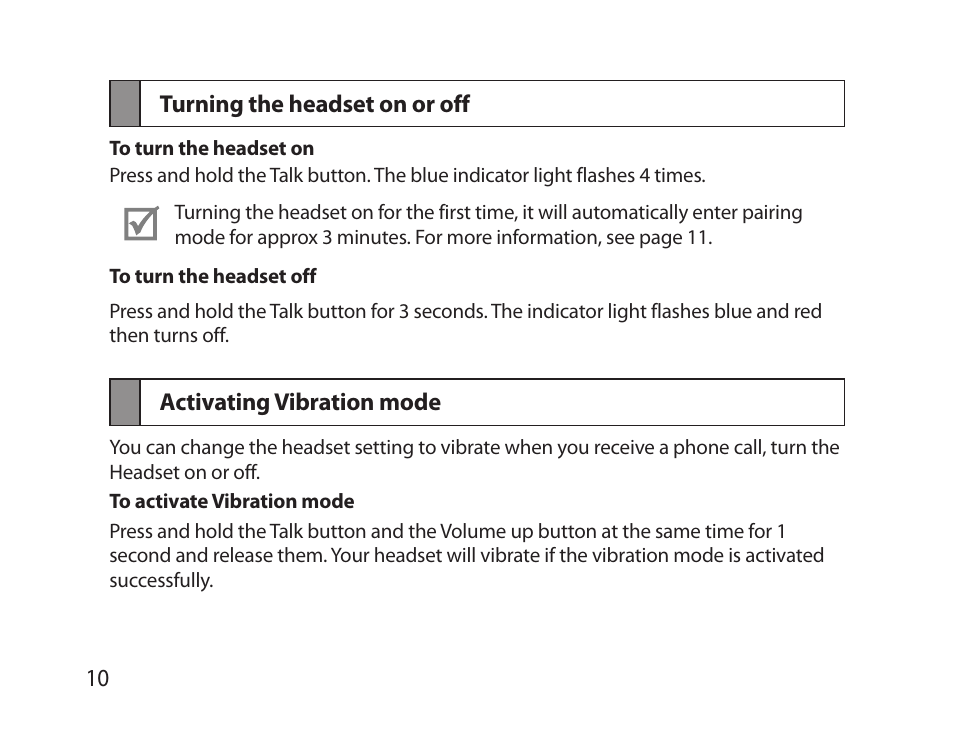 Turning the headset on or off, Activating vibration mode | Samsung HM5000 User Manual | Page 12 / 77