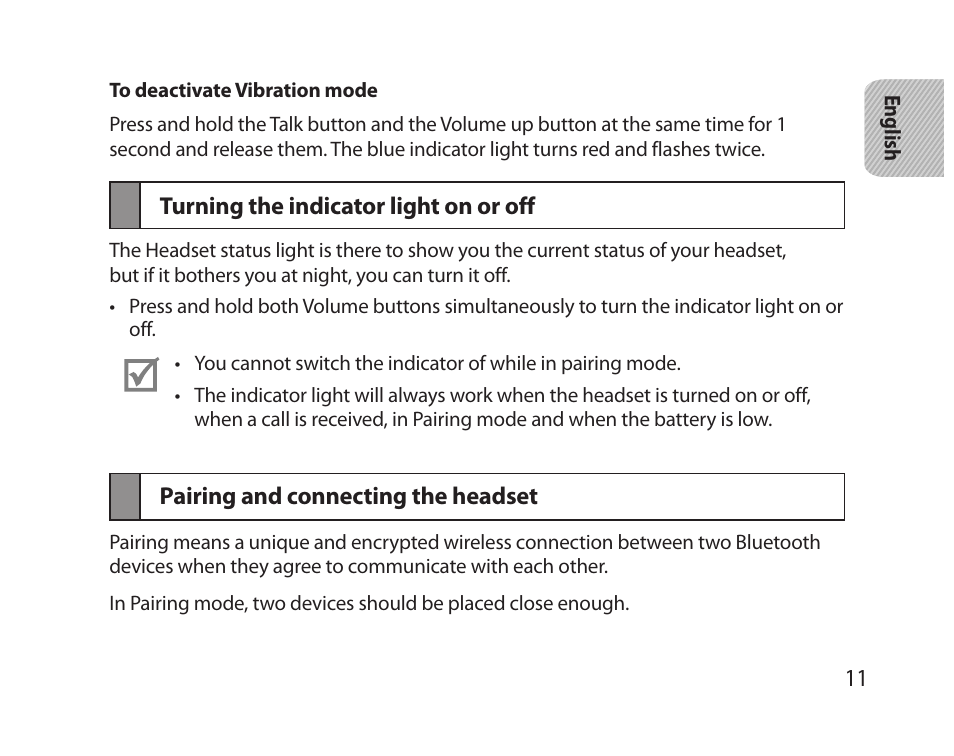 Turning the indicator light on or off, Pairing and connecting the headset | Samsung HM5000 User Manual | Page 13 / 77