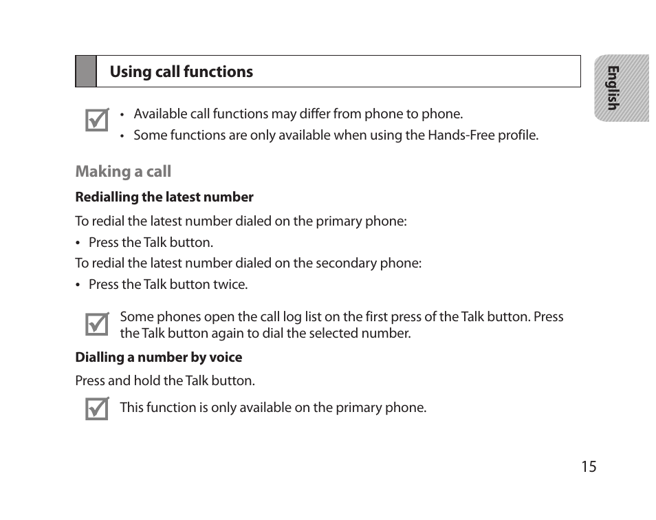 Using call functions | Samsung HM5000 User Manual | Page 17 / 77