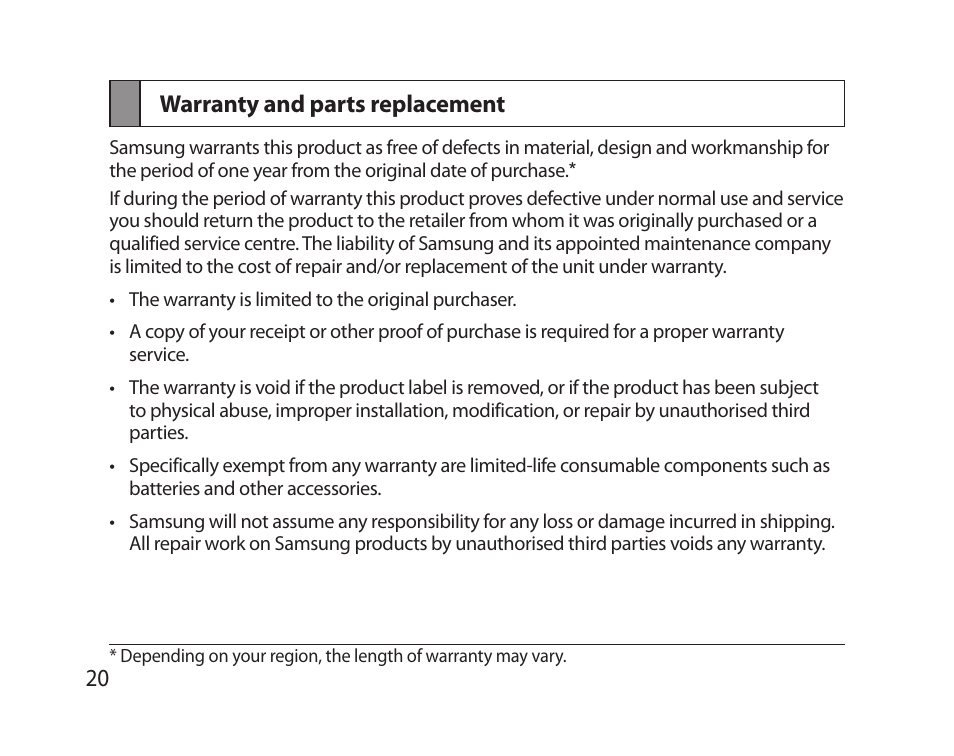 Warranty and parts replacement, 20 warranty and parts replacement | Samsung HM5000 User Manual | Page 22 / 77