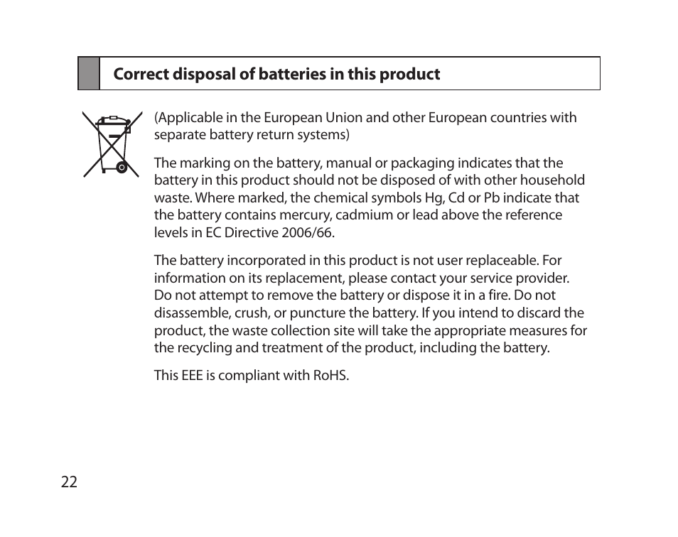 Correct disposal of batteries in this product | Samsung HM5000 User Manual | Page 24 / 77