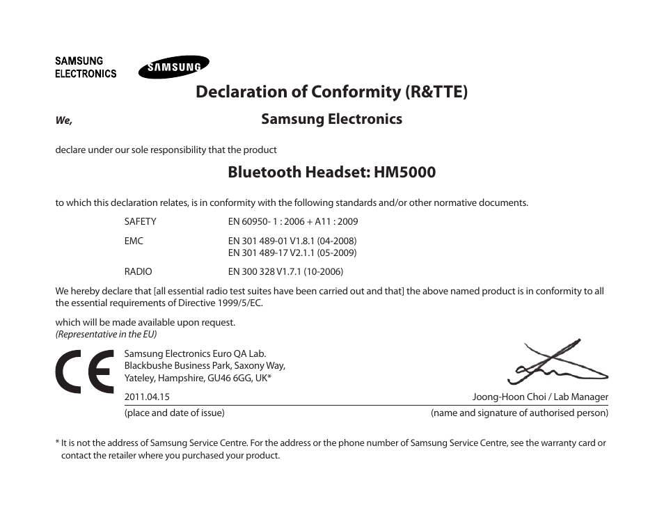 Declaration of conformity (r&tte), Bluetooth headset: hm5000, Samsung electronics | Samsung HM5000 User Manual | Page 26 / 77