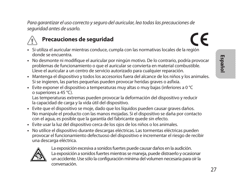 Precauciones de seguridad | Samsung HM5000 User Manual | Page 29 / 77