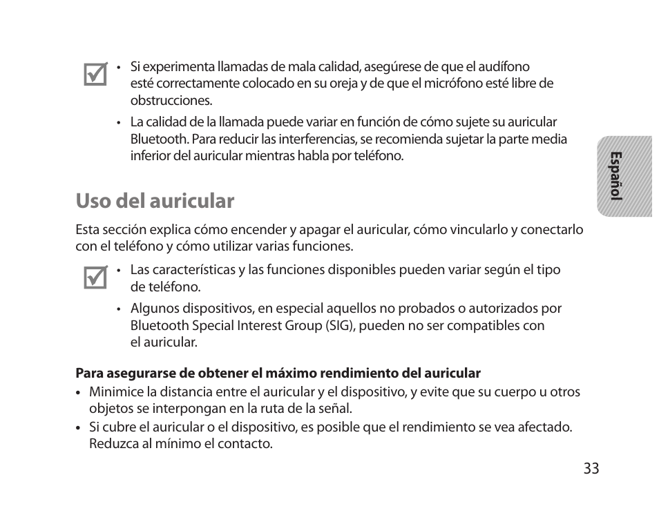 Uso del auricular | Samsung HM5000 User Manual | Page 35 / 77