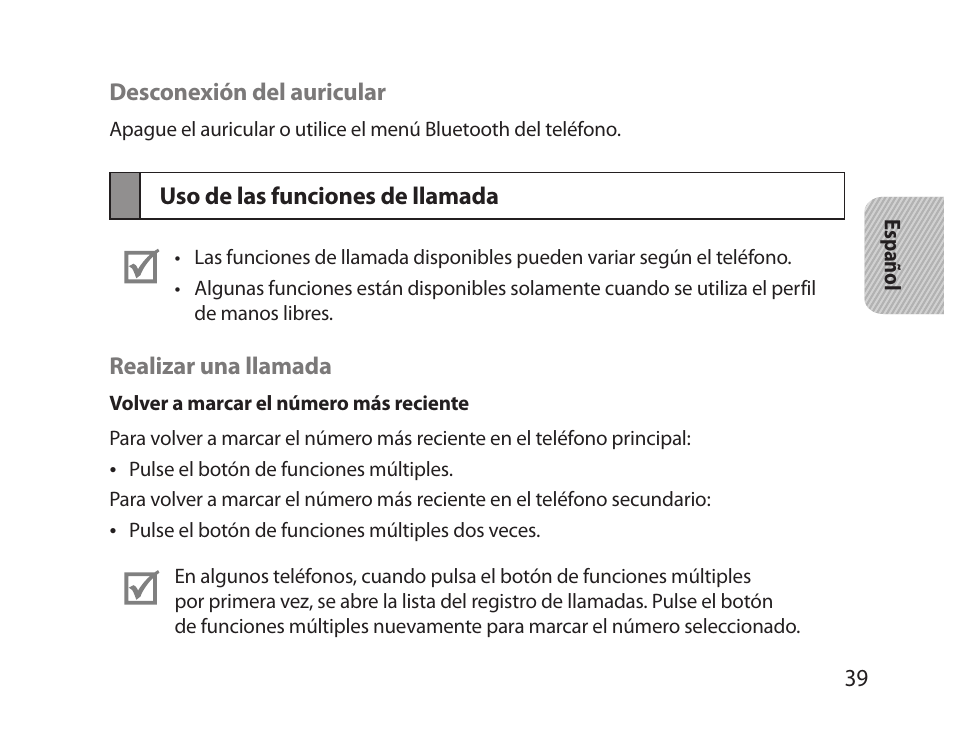 Uso de las funciones de llamada | Samsung HM5000 User Manual | Page 41 / 77