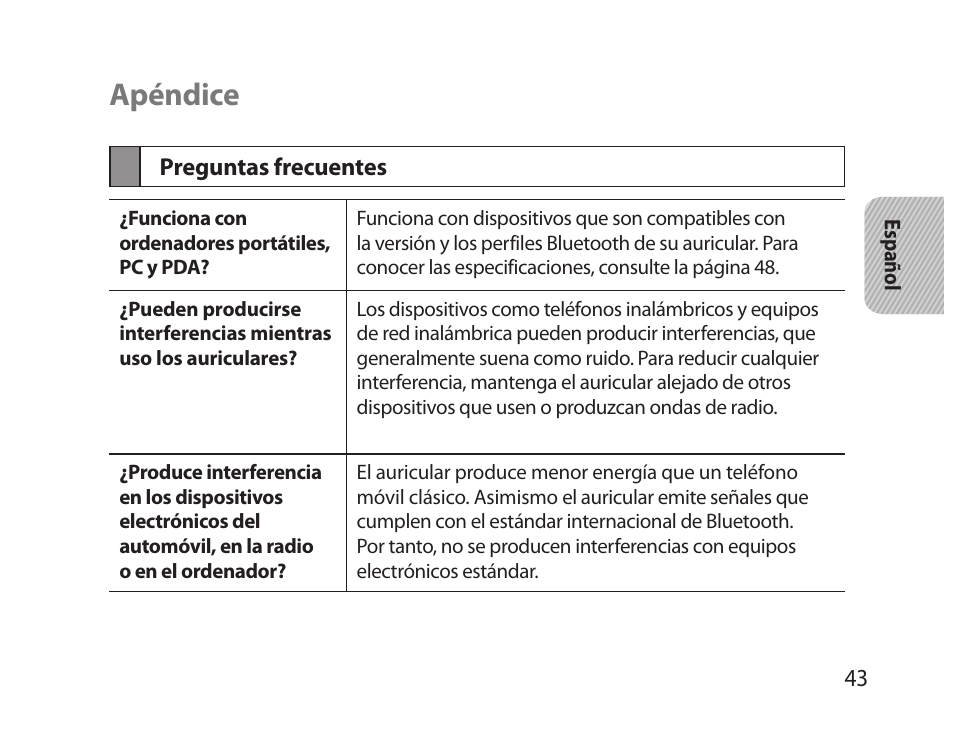 Apéndice, Preguntas frecuentes | Samsung HM5000 User Manual | Page 45 / 77