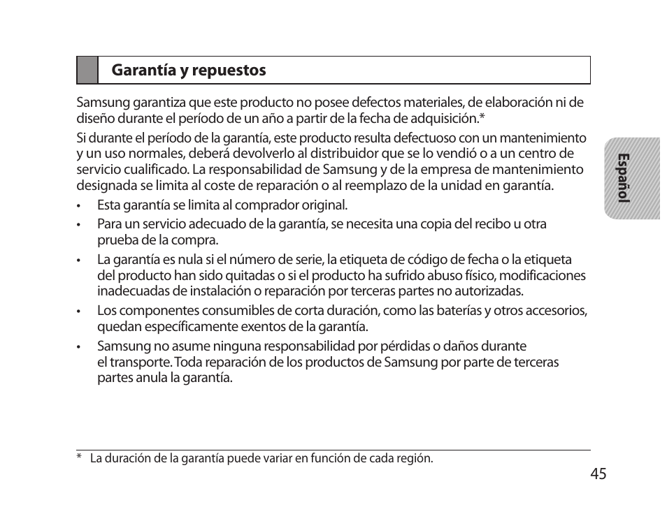 Garantía y repuestos | Samsung HM5000 User Manual | Page 47 / 77
