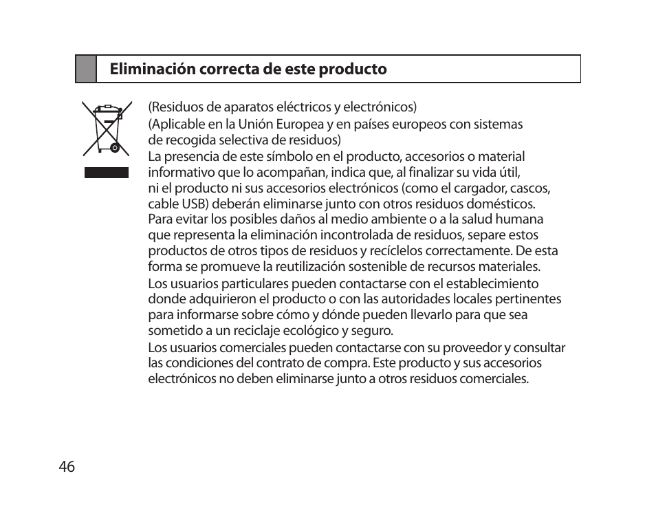 Eliminación correcta de este producto | Samsung HM5000 User Manual | Page 48 / 77