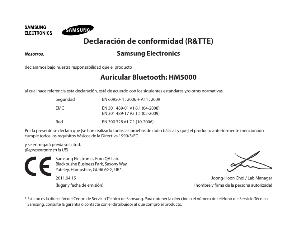 Declaración de conformidad (r&tte), Auricular bluetooth: hm5000, Samsung electronics | Samsung HM5000 User Manual | Page 51 / 77