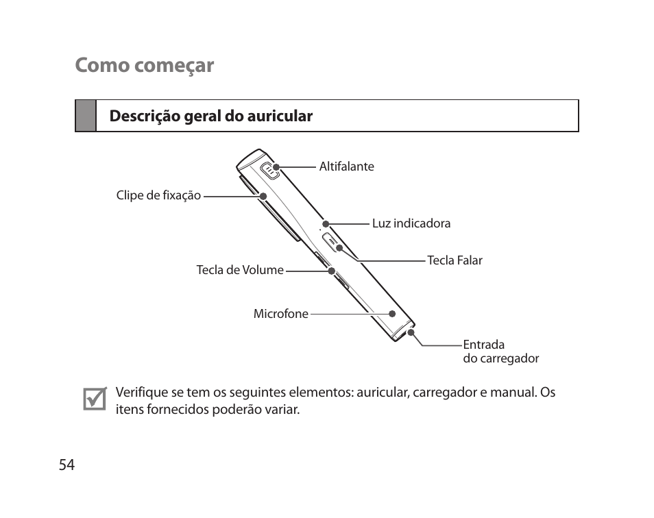 Como começar, Descrição geral do auricular | Samsung HM5000 User Manual | Page 56 / 77