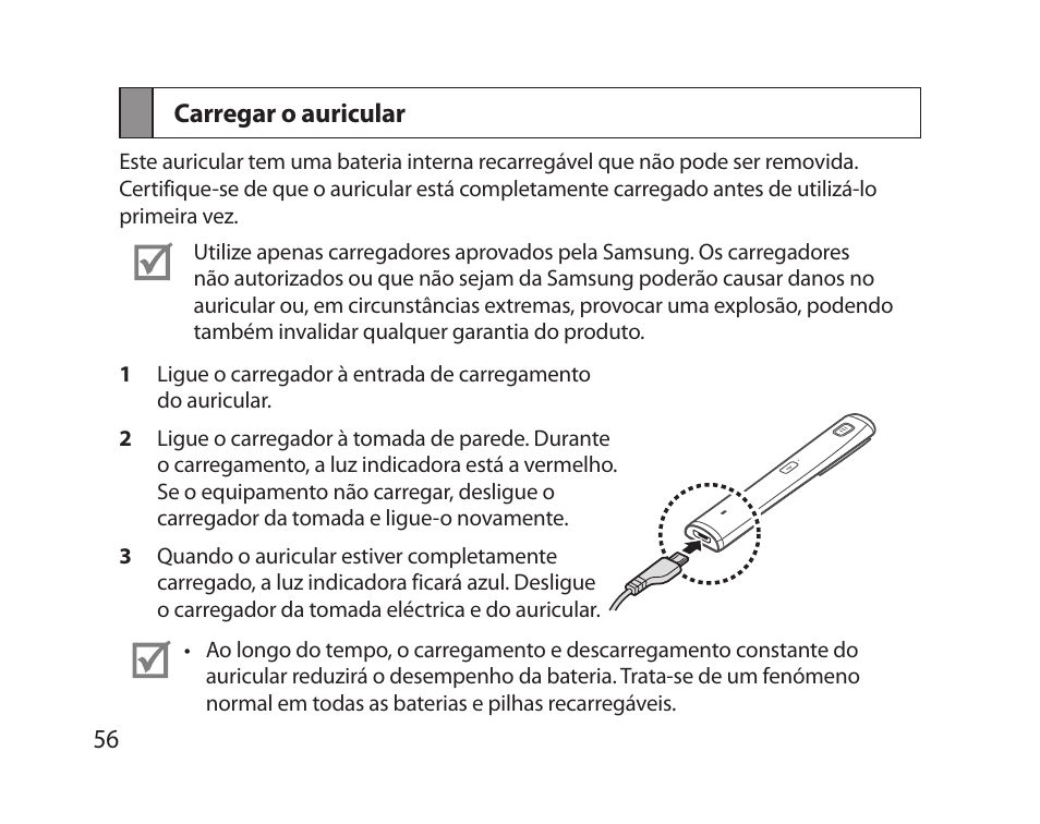 Carregar o auricular | Samsung HM5000 User Manual | Page 58 / 77