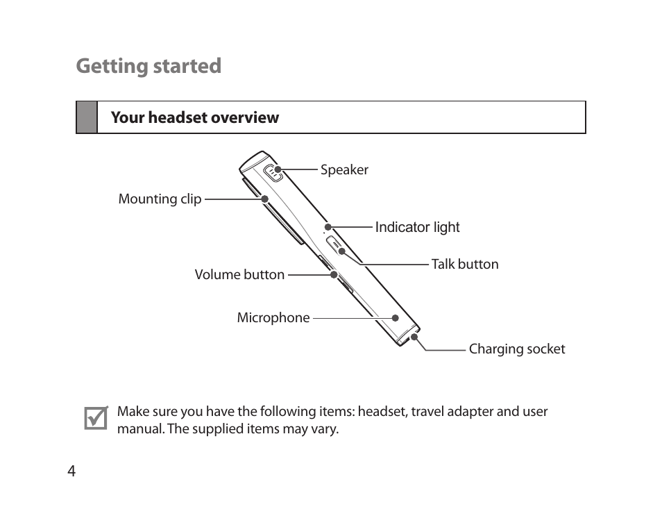 Getting started, Your headset overview | Samsung HM5000 User Manual | Page 6 / 77