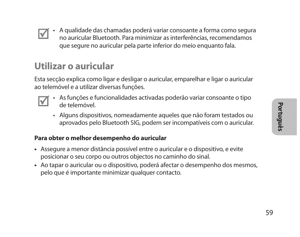 Utilizar o auricular | Samsung HM5000 User Manual | Page 61 / 77