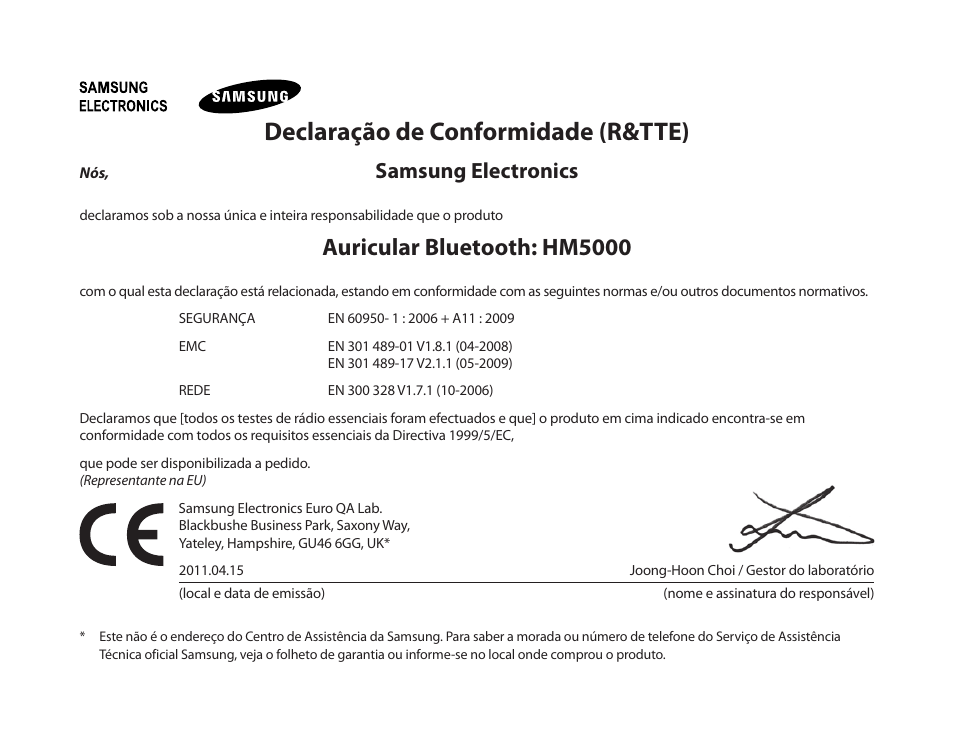 Declaração de conformidade (r&tte), Auricular bluetooth: hm5000, Samsung electronics | Samsung HM5000 User Manual | Page 76 / 77