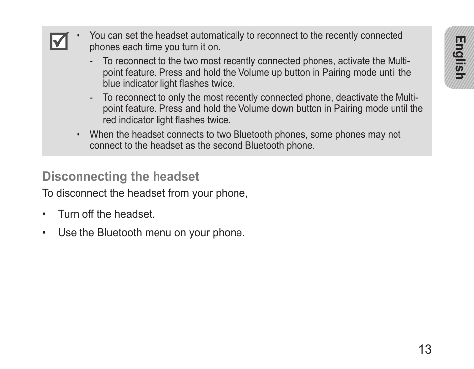 English 13, Disconnecting the headset | Samsung BHM3200 User Manual | Page 15 / 80