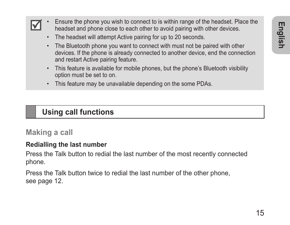 Using call functions, English 15, Using call functions making a call | Samsung BHM3200 User Manual | Page 17 / 80