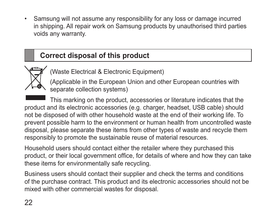 Correct disposal of this product | Samsung BHM3200 User Manual | Page 24 / 80