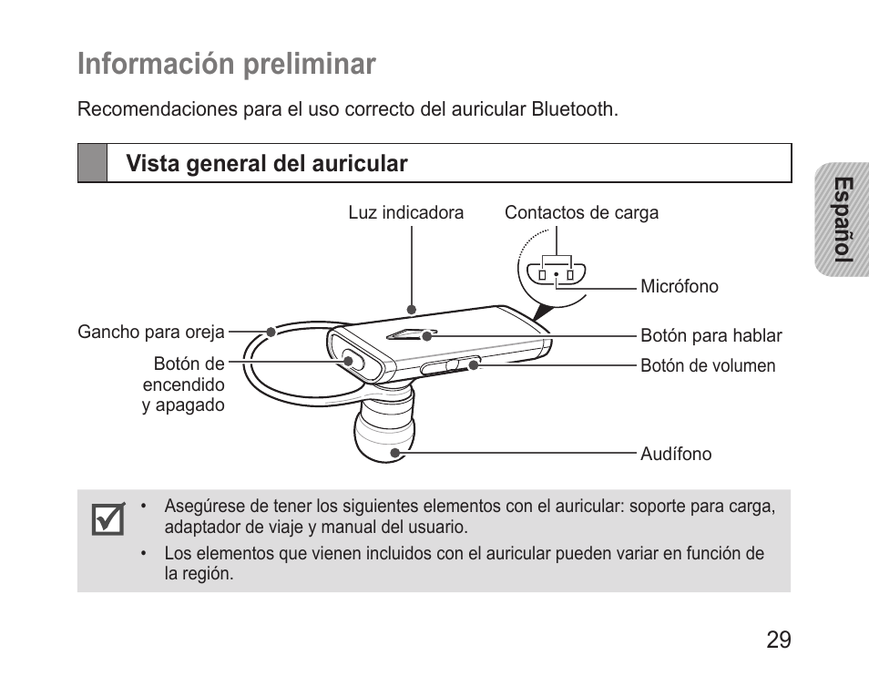 Información preliminar, Vista general del auricular, Español 29 | Samsung BHM3200 User Manual | Page 31 / 80