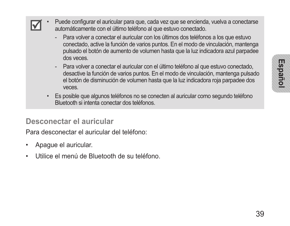 Español 39, Desconectar el auricular | Samsung BHM3200 User Manual | Page 41 / 80