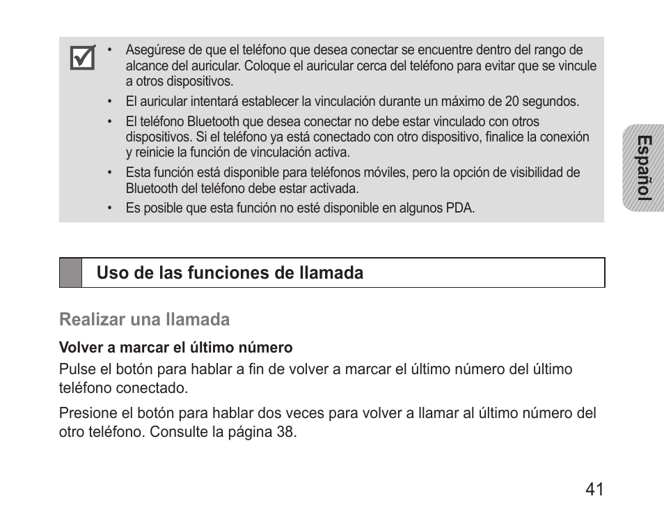 Uso de las funciones de llamada, Español 41 | Samsung BHM3200 User Manual | Page 43 / 80