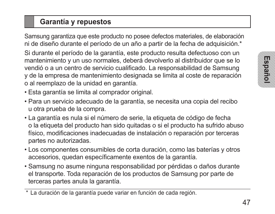 Garantía y repuestos | Samsung BHM3200 User Manual | Page 49 / 80