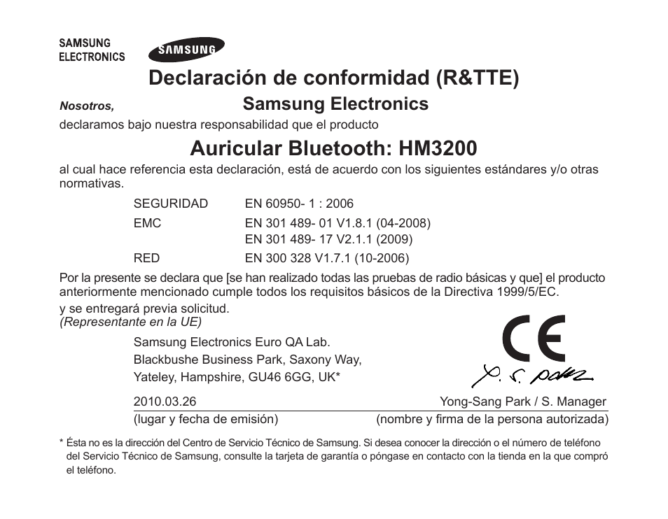 Declaración de conformidad (r&tte), Auricular bluetooth: hm3200, Samsung electronics | Samsung BHM3200 User Manual | Page 53 / 80