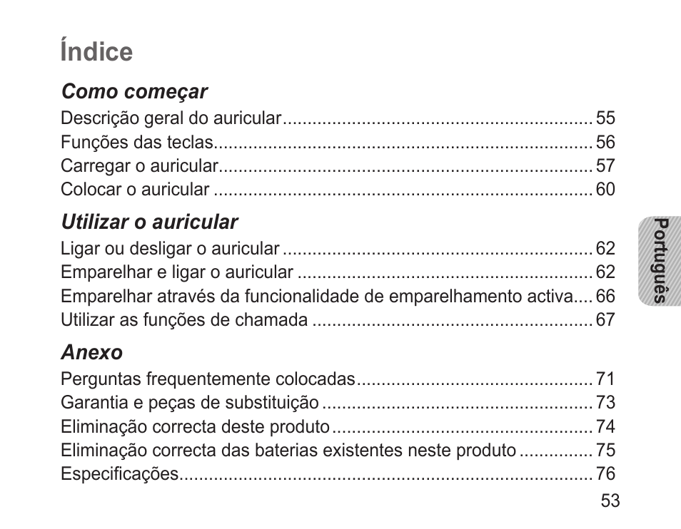 Português, Índice | Samsung BHM3200 User Manual | Page 55 / 80